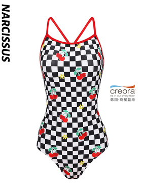水仙SWIM樱桃棋盘格游泳吊带连体女士显瘦系带竞速训练运动泳衣