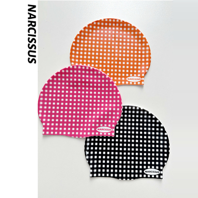 水仙SWIM格子格纹双面印花清新百搭硅胶不勒头长发游泳防水泳帽