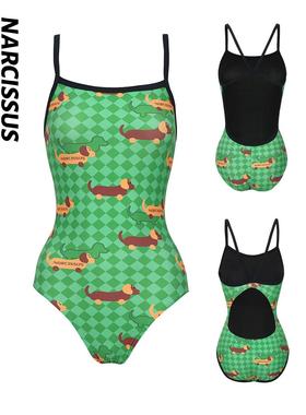 水仙SWIM棋盘格腊肠狗游泳吊带连体女士显瘦系带竞速训练运动泳衣