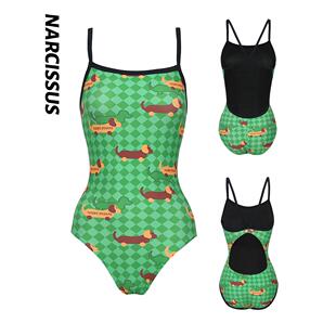 水仙SWIM棋盘格腊肠狗游泳吊带连体女士显瘦系带竞速训练运动泳衣