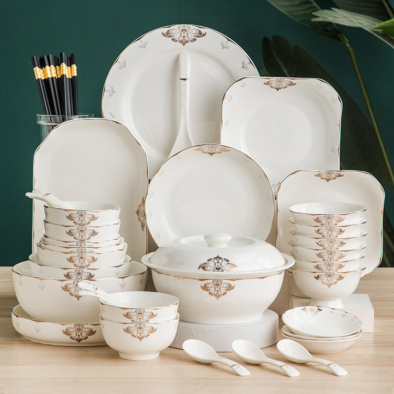 2024新款欧式金边陶瓷骨瓷餐具家用碗盘碗碟饭碗汤碗简约轻奢搭配