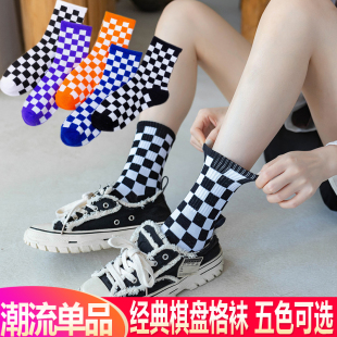 棋盘格袜子女中筒高筒堆堆袜绿色黑白格长筒潮袜男女长袜ins潮袜