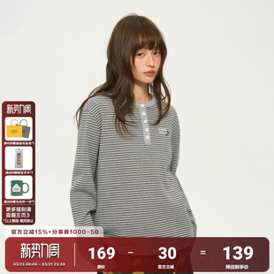 AFGK26SS条纹亨利领长袖 春秋正肩复古宽松上衣情侣休闲基础打底衫