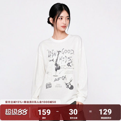 AFGK26SS做旧印花人像长袖宽松美式街头复古高街T恤圆领上衣男女