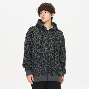 AFGK26SS烫钻星星重磅豹纹拉链帽衫情侣卫衣美式休闲外套男女上衣