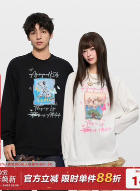 AFGK25FW涂鸦字体photo小狗长袖T恤春秋男女美式上衣情侣打底衫