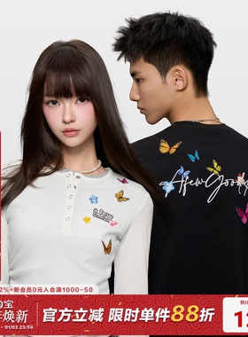 AFGK25FW亨利领蝴蝶刺绣假两件长袖T恤男女修身显瘦秋上衣情侣装