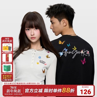 显瘦秋上衣情侣装 AFGK25FW亨利领蝴蝶刺绣假两件长袖 T恤男女修身