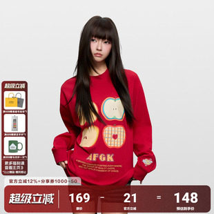 春秋美式 休闲上衣 T恤男女情侣打底衫 AFGK25FW四个苹果刺绣长袖