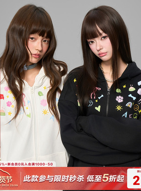 AFGK25FW元素小狗开衫连帽卫衣男女春秋美式休闲情侣外套国潮帽衫