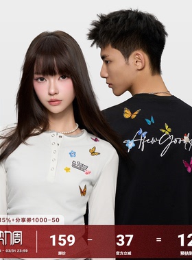 AFGK25FW亨利领蝴蝶刺绣假两件长袖T恤男女修身显瘦秋上衣情侣装