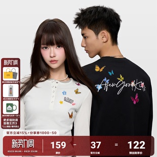 显瘦秋上衣情侣装 AFGK25FW亨利领蝴蝶刺绣假两件长袖 T恤男女修身