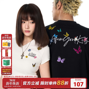 T恤男女情侣装 V领正肩显瘦修身 上衣 夏季 AFGK25SS环绕蝴蝶刺绣短袖