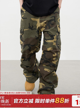 AFGK25SS美式复古多口袋褶皱迷彩工装裤直筒宽松休闲cargo长裤子