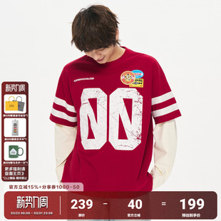 休闲情侣上衣纯棉打底衫 美式 长袖 AFGK26SS撞色假两件做旧印花号码