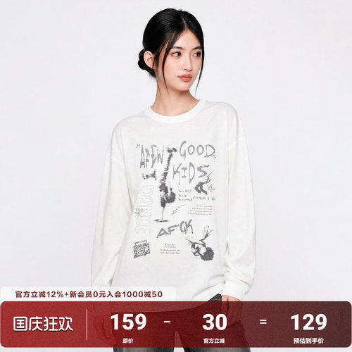 AFGK26SS做旧印花人像长袖宽松美式街头复古高街T恤圆领上衣男女