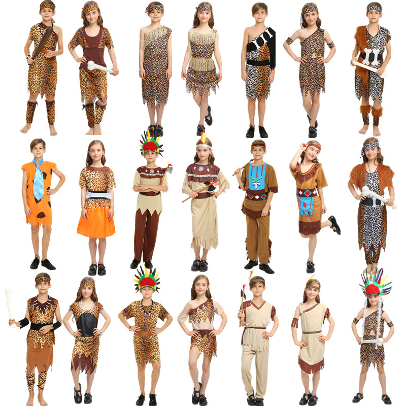 儿童野人表演服装 原始人印第安族人衣服 非洲部落野人猎人演出服