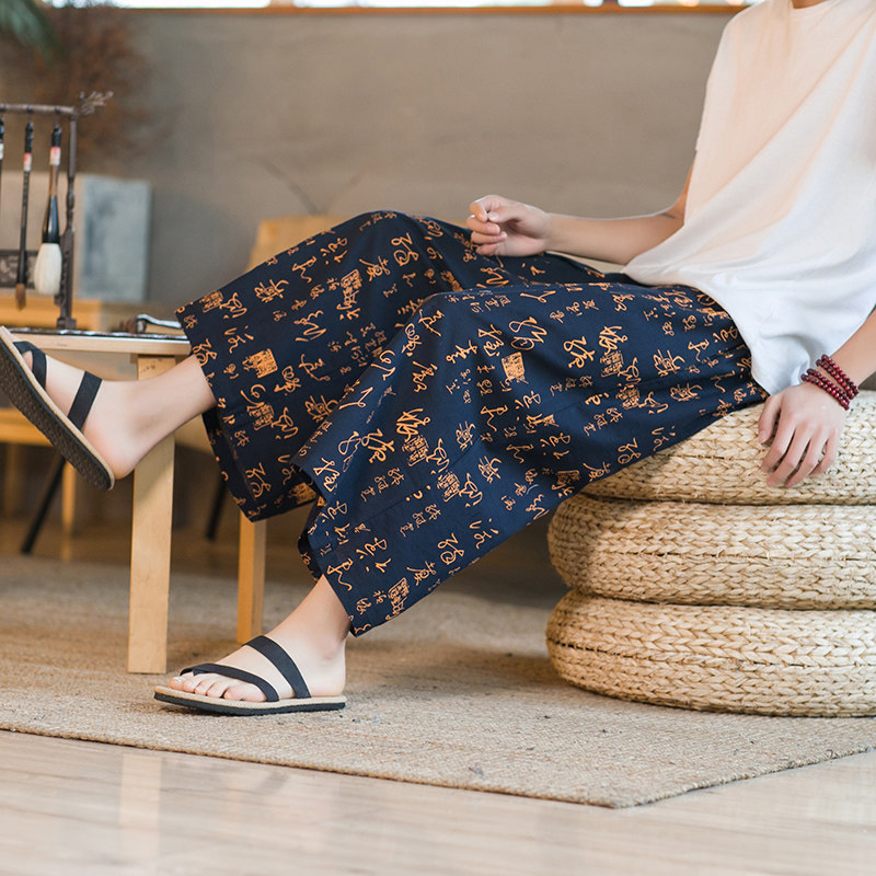 중국 스타일의 넓은 다리 자른 바지 남성 여름 얇은 태국 코끼리 해변 바지 플러스 사이즈 지방 캐주얼 꽃 반바지 추세