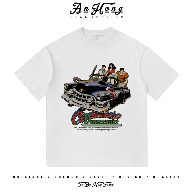 复古街机凯迪拉克恐龙快打美式纯棉短袖T恤男装百搭宽松休闲潮牌