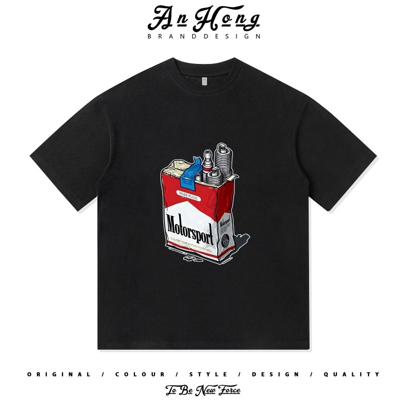 美式烟盒字母汽车点火系统复古印花重磅纯棉短袖T恤男装宽松休闲