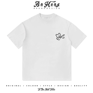 休闲衣服 T恤衫 恶搞线条小狗始祖狗卡通复古印花重磅纯棉男装 短袖