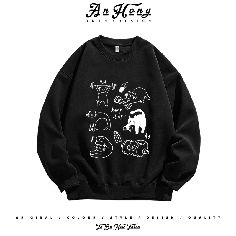 趣味健身猫咪创意卡通印花美式纯棉卫衣男装百搭高街长袖T恤潮牌