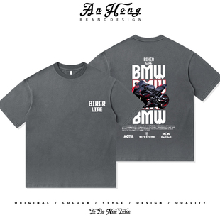 宝马摩托机车双R骑行改装文化美式纯棉短袖T恤衫男装高街百搭上衣