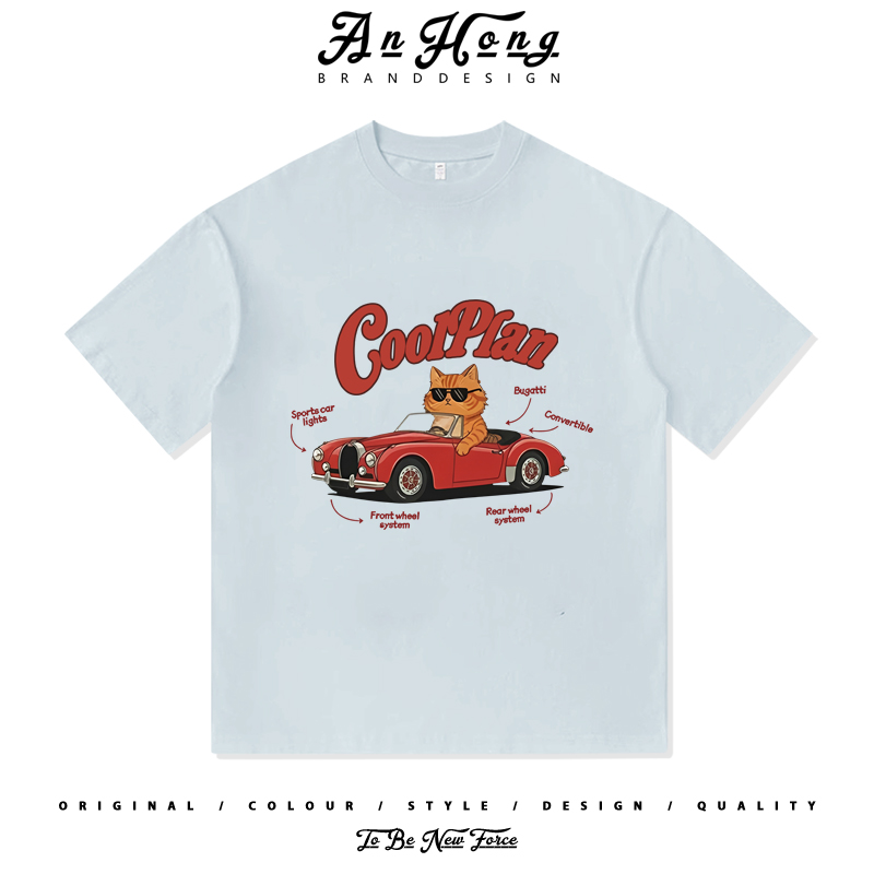 美式卡漫印花红色敞篷猫哈基咪小众设计纯棉短袖T恤男装百搭上衣