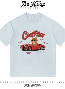 美式卡漫印花红色敞篷猫哈基咪小众设计纯棉短袖T恤男装百搭上衣