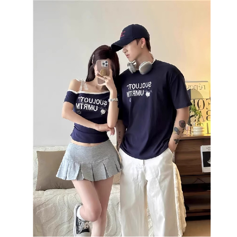港风情侣装夏季小众设计感斜肩短袖T恤一长一短时尚修身上衣ins潮