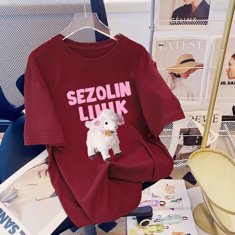 酒红色小猫短袖t恤女纯棉2025夏季新款爆款宽松大码印花上衣体恤