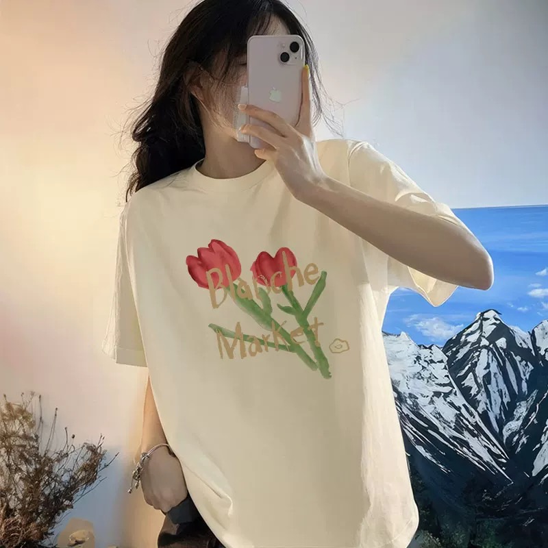 多巴胺穿搭杏色短袖t恤女纯棉2025夏季新款爆款宽松大码体恤上衣