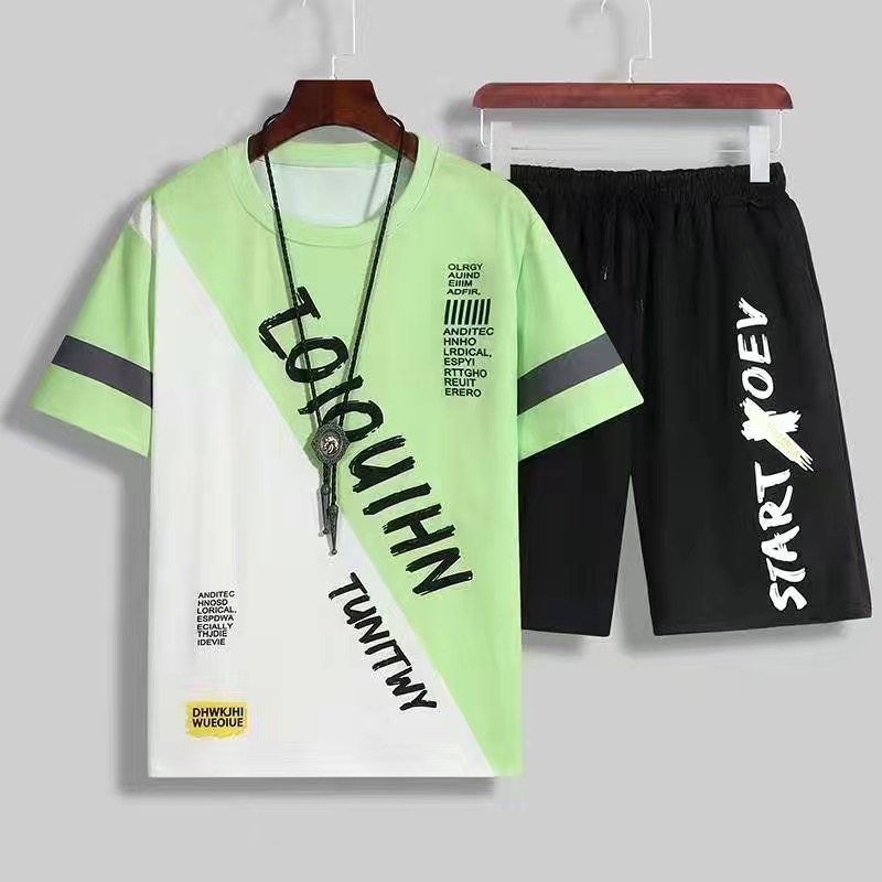 夏季2024新款休闲套装男士青少年学生休闲潮流短袖短裤运动一套装