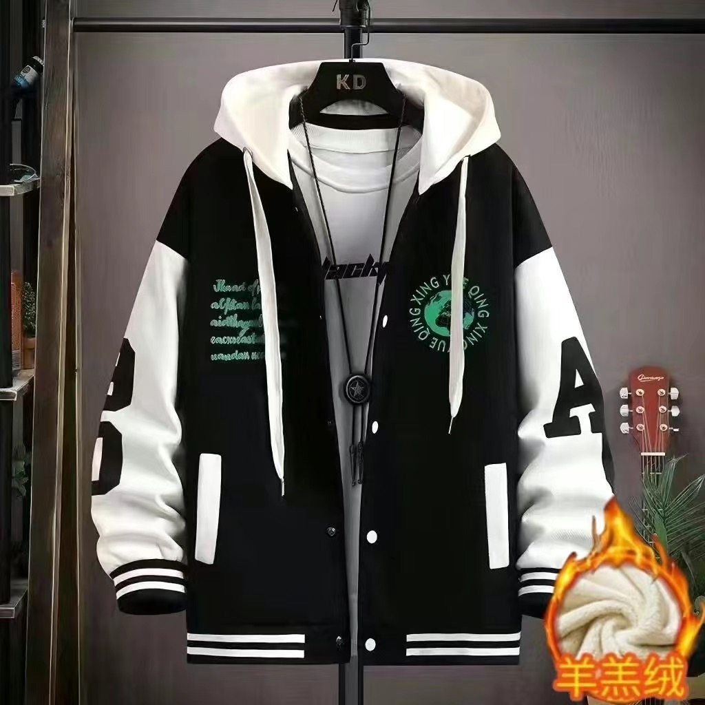 秋冬季羊羔绒外套男孩大童加绒加厚初中高中学生棒球服青少年夹克