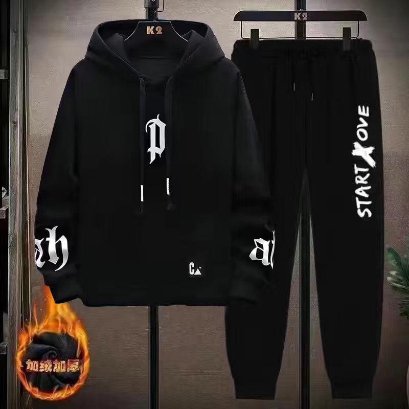 秋冬季加绒男款青少年卫衣外套装男连帽潮流休闲初中学生运动一套