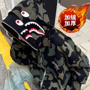秋冬加绒加厚外套女刺绣双帽鲨鱼卫衣男女连帽学生国潮外套保暖潮