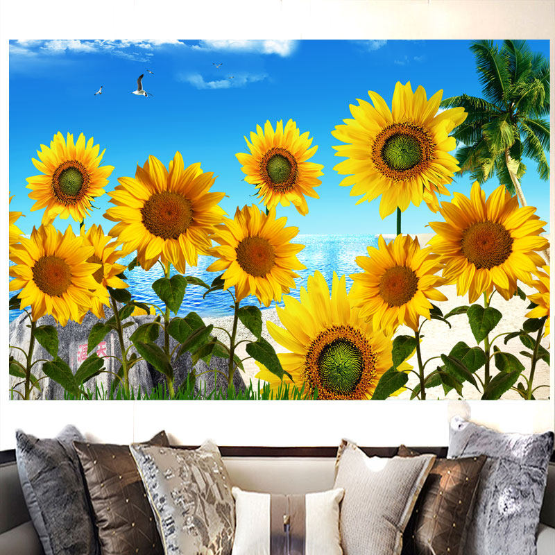 黄色向日葵笑脸花装饰画蓝天大海自然美景客厅办公室背景墙贴纸画
