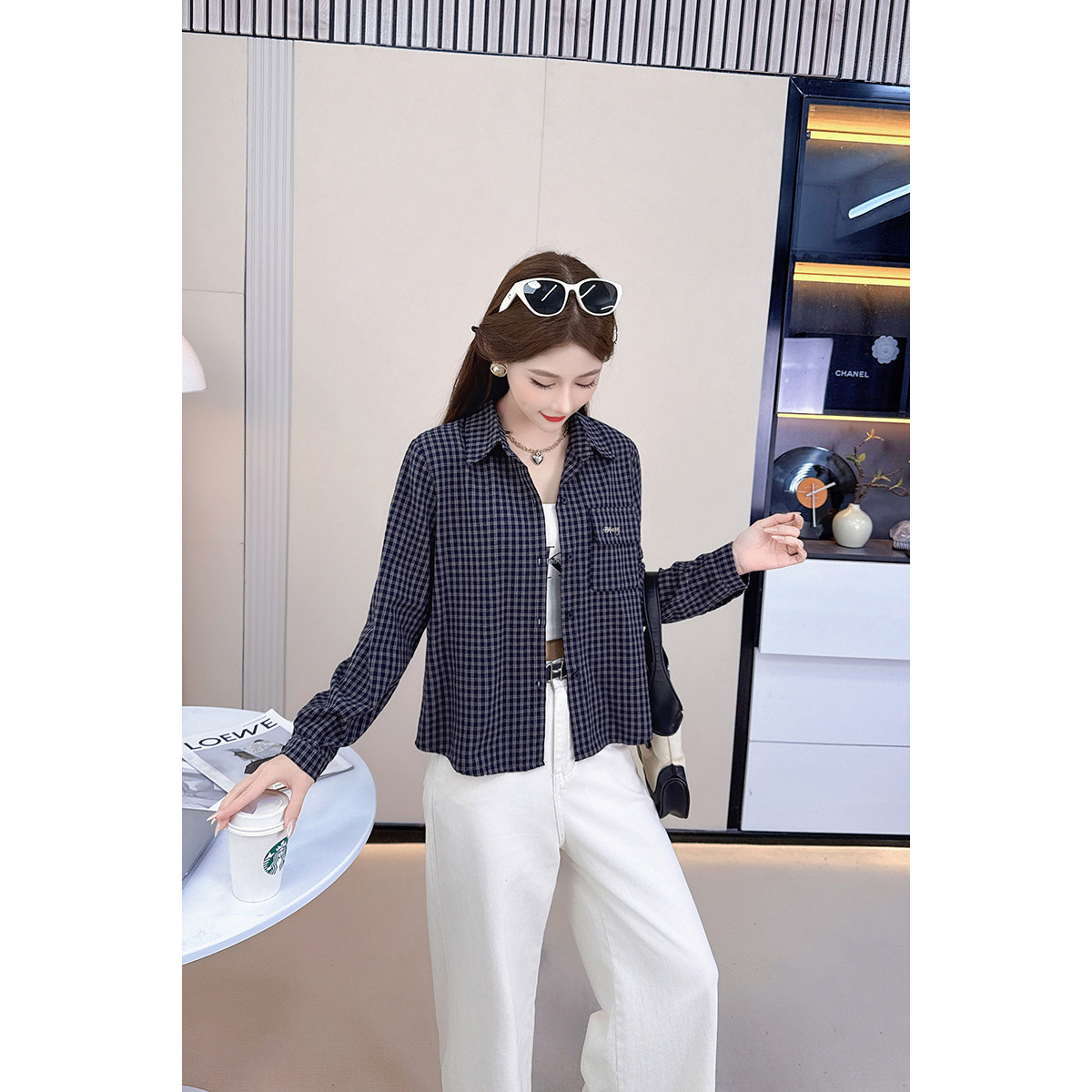 2025秋季新款棉质韩版宽松显瘦百搭格子衬衫女设计感小众长袖上衣
