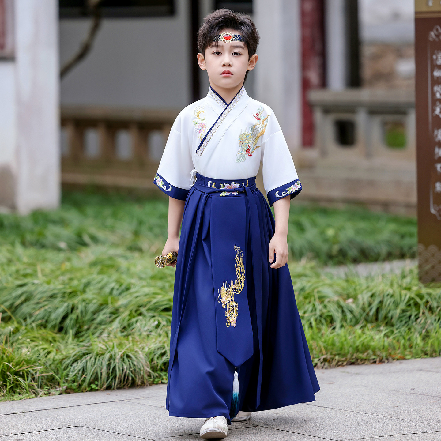 汉服男童夏短袖中国风儿童古装国学服小少爷古风唐装开笔礼演出服