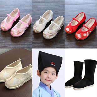 中国风绣花鞋 女童舞蹈鞋 汉服国学男童布鞋 儿童古装 帽子扇子