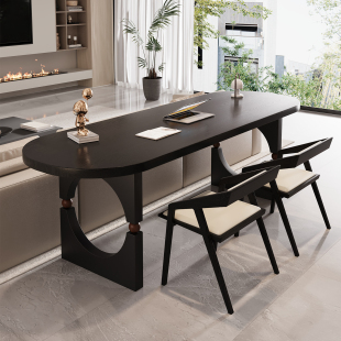 黑色实木书桌家用客厅意式极简横厅沙发后长条桌双人学习桌办公桌