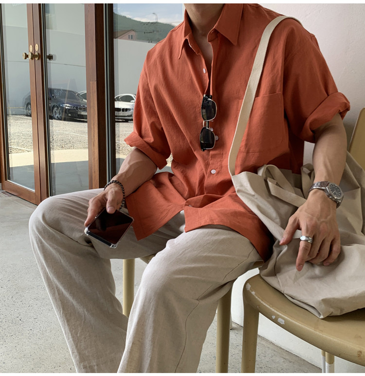 2023新款纯色短袖衬衫男韩版宽松网红七分袖痞帅衬衣MX318-P50,男装衬衫,星座1203-1