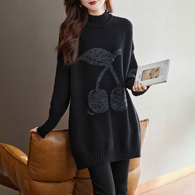 秋冬加厚毛衫半高领毛衣女妈妈装宽松大码中长款针织黑色打底衫