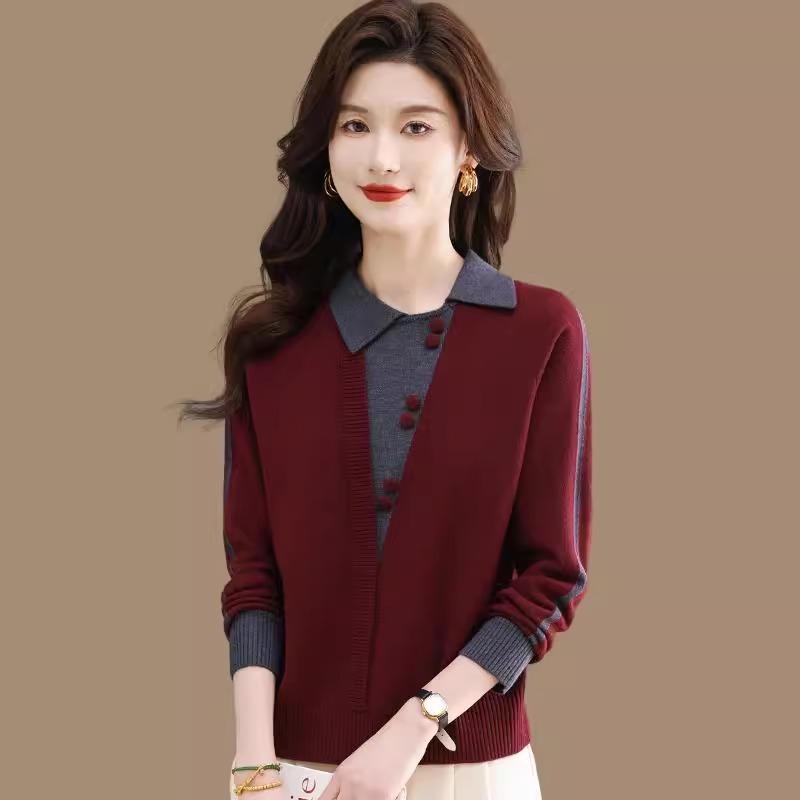 新款假两件宽松红色女打底衫毛衣