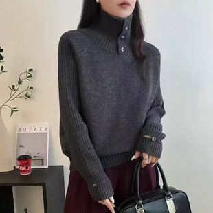 慵懒风高领纽扣针织衫女士秋冬新款宽松显瘦毛衣打底衫针织衫上衣