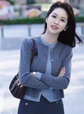 韩系轻奢高级感百搭假两件灰色针织衫女秋冬季新款小个子开衫外套