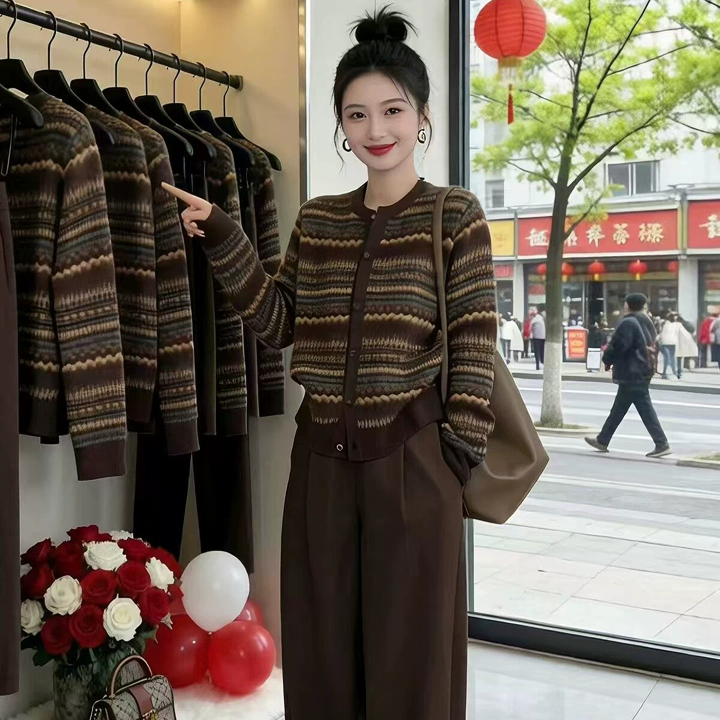 复古条纹咖色小个子针织开衫女图片