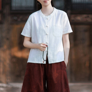 新中式苎麻短袖衬衫女夏季新款立领盘扣开衫宽松透气棉麻女装上衣