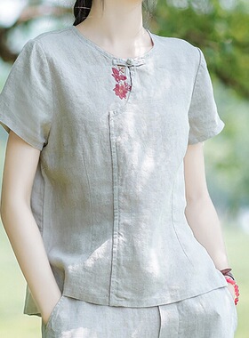 亚麻中式国风t恤复古女夏2026新款宽松棉麻禅修上衣短款短袖小衫