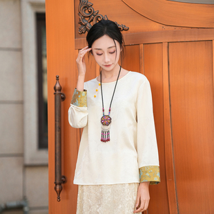 新中式国风长袖T恤女2026春季新款圆领宽松百搭气质上衣休闲衬衫